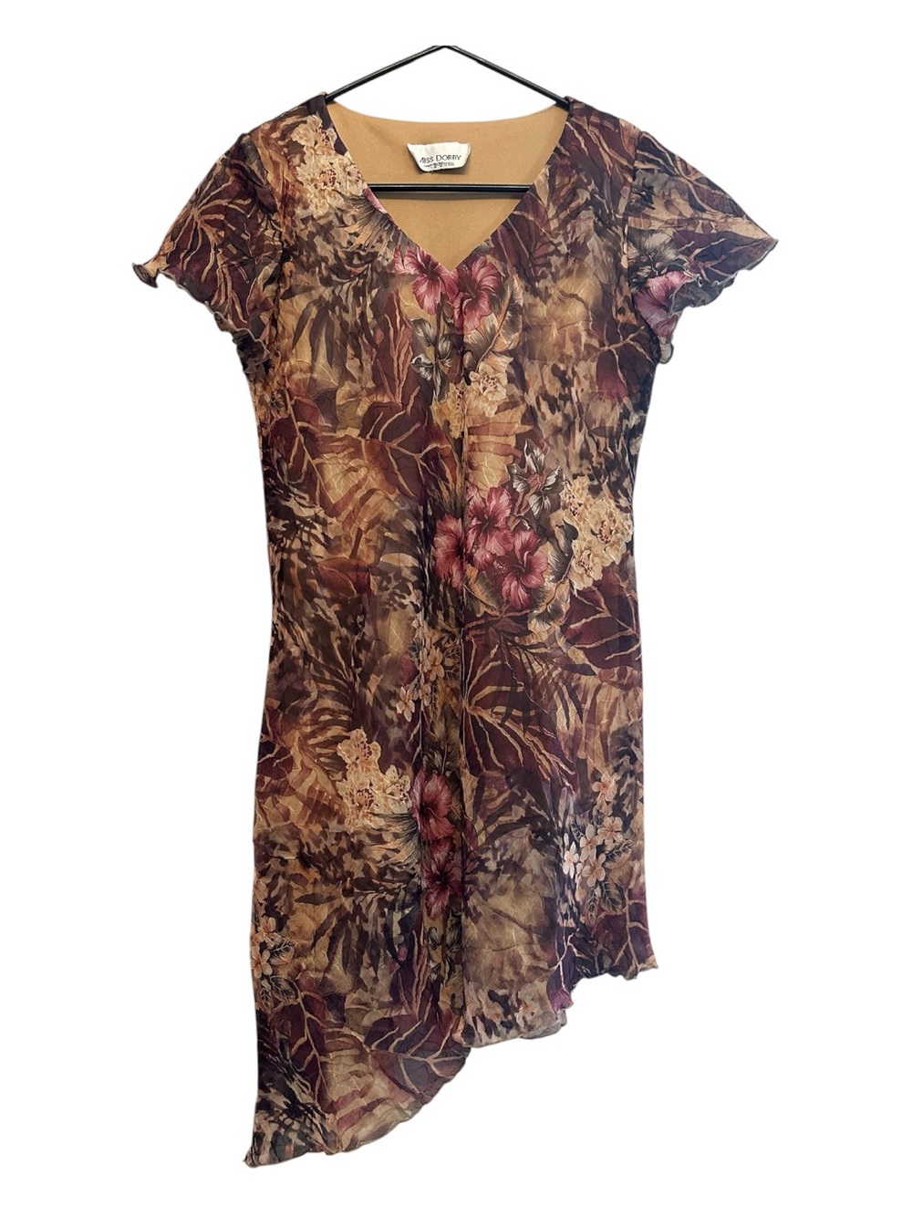 Vintage 90s Miss Dorby Petites Brown Fairy Floral Asymmetrical Mini Dress SP